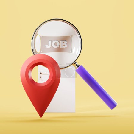 Foto de Door with large red location mark and magnifying glass zoom in. Concept of interview and job search. 3D rendering - Imagen libre de derechos