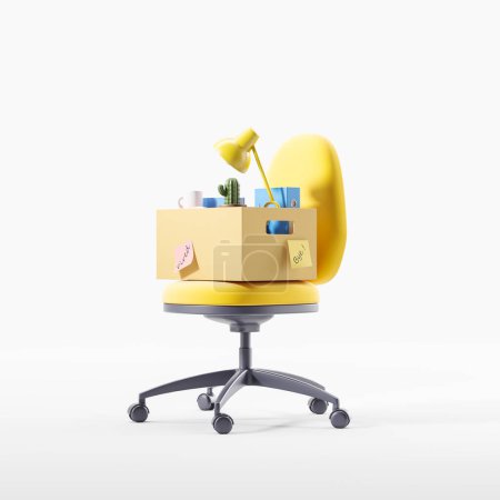 Foto de Yellow office armchair with cardboard box, office supplies and employee stuff on white background. Concept of fired and dismissed. 3D rendering - Imagen libre de derechos