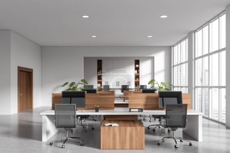Photo for White office room interior with armchairs and table with pc computers, grey concrete floor. Conference work zone and coworking area. Panoramic window on skyscrapers. 3D rendering - Royalty Free Image