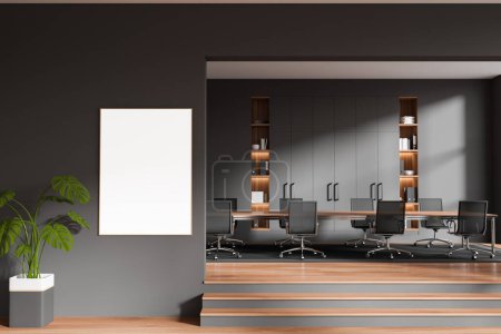 Téléchargez les photos : Front view on dark office room interior with empty white poster, conference board, armchairs, carpet, oak wooden floor. Concept of company, firm, meeting space. Mock up. 3d rendering - en image libre de droit