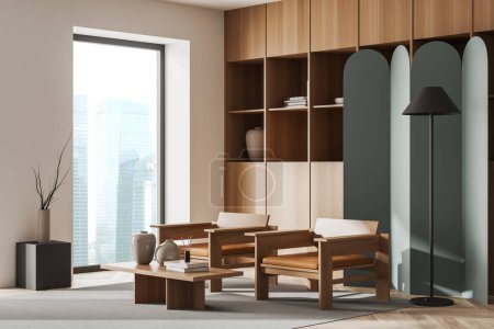 Téléchargez les photos : Corner view on bright living room interior with armchairs, panoramic window, crockery, books, white wall, coffee table, hardwood floor. Concept of minimalist design. Place for meeting. 3d rendering - en image libre de droit