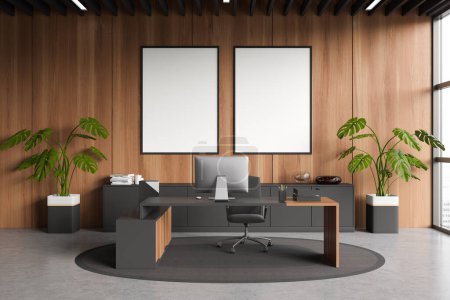 Photo for Front view on dark office room interior with two empty white posters, desktop, desk, armchair, panoramic window, concrete floor, carpet, sideboard. Concept of director workspace. Mock up. 3d rendering - Royalty Free Image