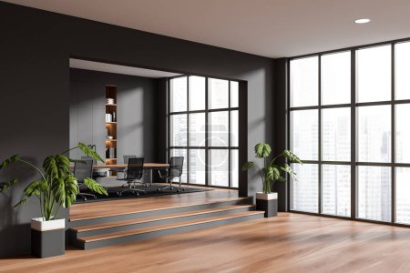 Photo for Corner view on dark office room interior with armchairs, meeting board, panoramic window, oak wooden floor, plants, podium, wardrobe. Concept of company, firm, meeting space. 3d rendering - Royalty Free Image