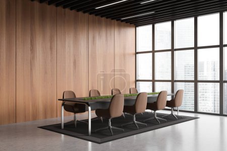 Foto de Wooden conference room interior with armchairs and board, side view carpet on grey concrete floor. Panoramic window on city view. Copy space wall. 3D rendering - Imagen libre de derechos
