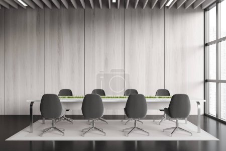 Téléchargez les photos : Front view on bright office room interior with conference board, armchairs, panoramic window with Singapore view, concrete floor. Concept of company, firm, meeting space. 3d rendering - en image libre de droit