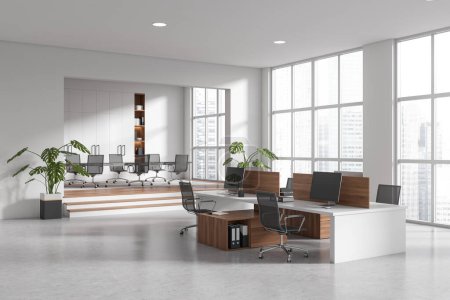 Photo for White office room interior with conference zone on podium, coworking corner with armchairs and pc computers. Panoramic window on skyscrapers. 3D rendering - Royalty Free Image