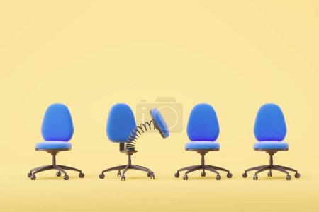 Photo for Office armchair with spring and row of blue seats on yellow background. Concept of fired and unemployment. Copy space. 3D rendering - Royalty Free Image