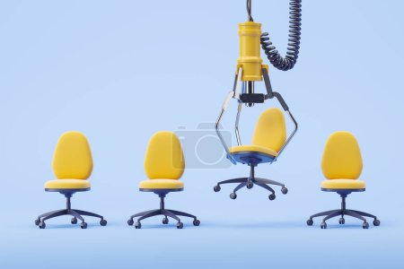 Foto de Robotic arm claw taking an office armchair on blue background. Concept of artificial intelligence and automation. 3D rendering - Imagen libre de derechos