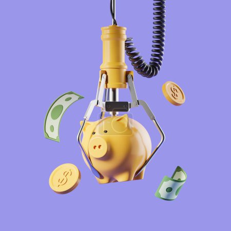 Photo for Robotic arm claw grabbing a yellow piggy bank, falling banknotes and gold coins on purple background. Concept of success and win. 3D rendering - Royalty Free Image