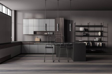 Photo for Front view on dark kitchen room interior with island, barstools, cupboard, grey wall, oak wooden hardwood floor, shelves with books, cooking inventory. Concept of minimalist design. 3d rendering - Royalty Free Image