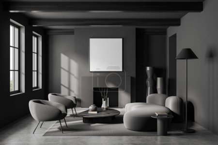 Téléchargez les photos : Dark living room interior two armchairs and sofa, fireplace with coffee table. Panoramic window and carpet on grey concrete floor. Mock up blank poster. 3D rendering - en image libre de droit