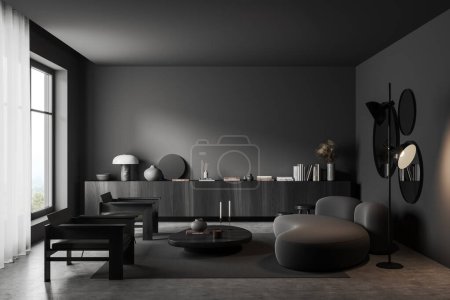 Téléchargez les photos : Dark living room interior with sofa and armchairs, dresser with decoration. Panoramic window with tulle on countryside. Mockup copy space wall. 3D rendering - en image libre de droit