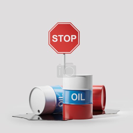 Téléchargez les photos : Russian flag oil barrels and stop sign on grey background. and falling gold coins on white background. Concept of gasoline and price. 3D rendering - en image libre de droit
