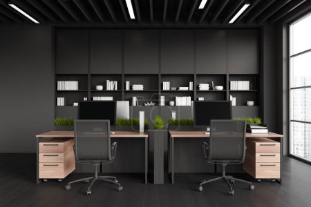 Photo for Dark business interior with armchairs and pc computer on desk, black hardwood floor. Coworking area with shelf and panoramic window on skyscrapers. 3D rendering - Royalty Free Image