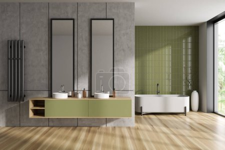 Photo for Light bathroom interior with double sink and bathtub in the corner, hardwood floor. Panoramic window on tropics. 3D rendering - Royalty Free Image