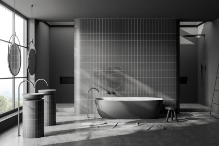 Téléchargez les photos : Dark bathroom interior with bathtub and double sink, panoramic window. Bathing area with shower and accessories. Copy space tile wall. 3D rendering - en image libre de droit