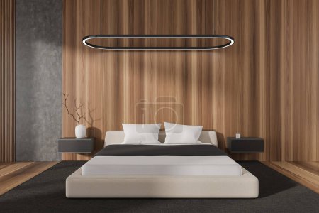 Téléchargez les photos : Front view on bright bedroom interior with bed, bedsides, carpet, oak hardwood floor, wooden wall. Concept of minimalist design. Space for chill and relaxation. 3d rendering - en image libre de droit
