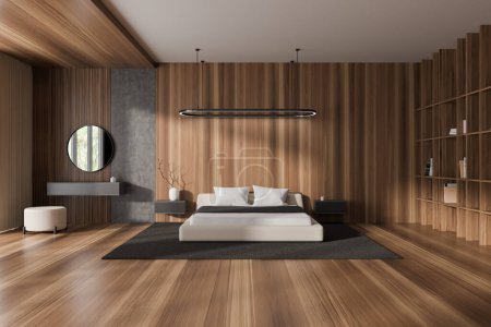Photo for Modern bedroom interior with bed and dressing table with pouf. Sleeping zone with shelf and decoration, carpet on hardwood floor. 3D rendering - Royalty Free Image