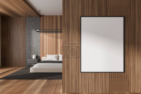 Photo for Front view on bright bedroom interior with empty white poster, bed, bedsides, carpet, oak hardwood floor, wooden wall. Concept of minimalist design. Space for chill and relaxation. 3d rendering - Royalty Free Image