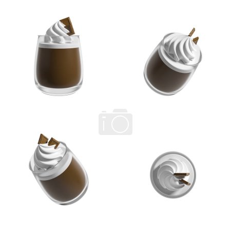 Photo for Hot cocoa with chocolate bar and whipped cream, white background. Four glass cups from different angles. Concept of drink and coffee. 3D rendering - Royalty Free Image