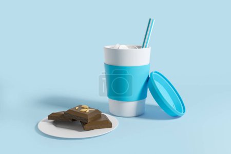 Téléchargez les photos : Coffee cup with a straw and marshmallows, chocolate bars on a plate on blue background. Concept of drink and coffee. Mock up copy space. 3D rendering - en image libre de droit