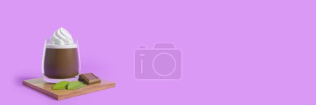 Hot cocoa with whipped cream and chocolate bar on a wooden tray, long banner with empty copy space purple background. Concept of drink and coffee. 3D rendering