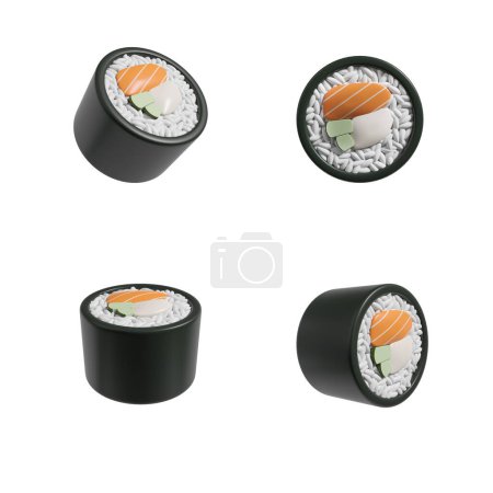 Foto de Set of four maki sushi roll with salmon, cucumber and cream cheese from different angles, white background. Concept of japanese food and cuisine. 3D rendering - Imagen libre de derechos