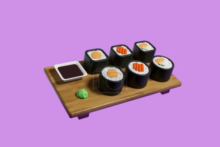 Sushi set on a wooden board, maki rolls with sauce and wasabi on purple background. Concept of meal and japanese cuisine. 3D rendering