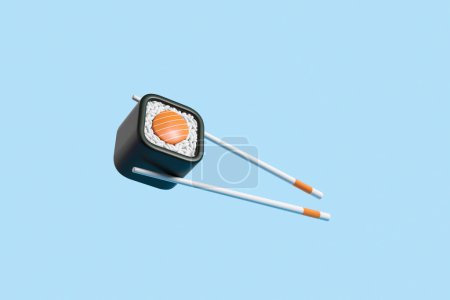 Foto de Chopsticks with maki sushi roll on blue background. Concept of snack and japanese restaurant. 3D rendering - Imagen libre de derechos