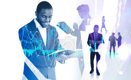 Photo for Diverse business people working together, studying financial papers. Double exposure with forex diagrams, analysis with candlesticks. Concept of trading and investment - Royalty Free Image