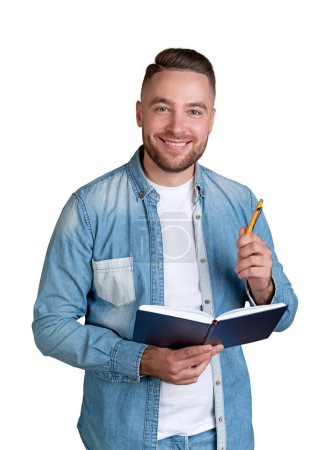 Photo for Young man student taking notes, smiling portrait looking at the camera. Isolated over white background. Concept of business plan and idea - Royalty Free Image