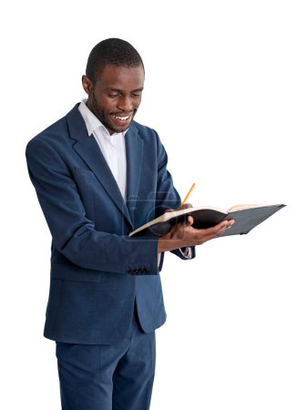 Téléchargez les photos : Black happy businessman take note with notebook in hand, smiling portrait isolated over white background. Concept of time management and plan - en image libre de droit