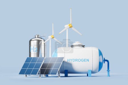 Hydrogen gas station with solar and wind power, blue background. Windmills and sun panels, concept of ecological sources and renewable energy. 3D rendering