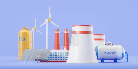 Photo for Eco power plant station, hydrogen gas with solar and wind power, blue background. Concept of ecological sources and safe energy. 3D rendering - Royalty Free Image
