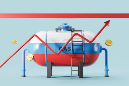 Téléchargez les photos : Russian gas tank with rising red graph line with falling money. Concept of sanctions and price ceiling. 3D rendering - en image libre de droit