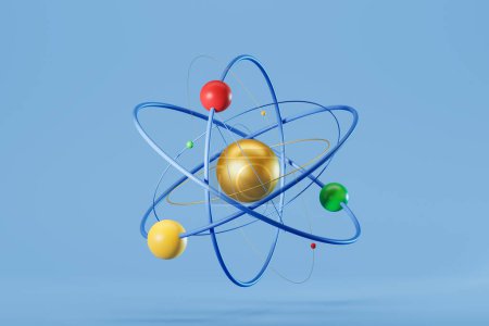 Téléchargez les photos : Colorful nuclear atom with electrons rotating on blue background. Concept of science and energy. 3D rendering - en image libre de droit