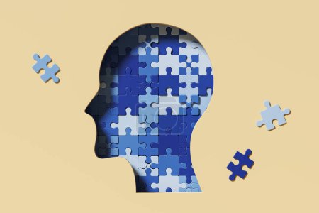 Foto de Human head made of different blue puzzle pieces, beige background. Concept of mental health and psychotherapy. 3D rendering - Imagen libre de derechos