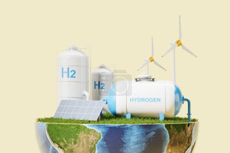 Foto de Hydrogen gas station and solar power with wind turbines, earth on light background. Concept of green planet and renewable power. 3D rendering - Imagen libre de derechos