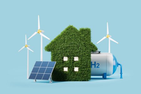 Téléchargez les photos : Green grass home with solar panels and wind turbines, hydrogen tank on blue background. Concept of eco energy and renewable sources. 3D rendering - en image libre de droit