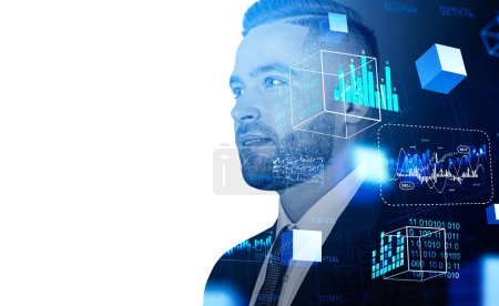 Foto de Businessman portrait silhouette with forex diagrams, data blocks and binary. Concept of blockchain and mining. Copy space - Imagen libre de derechos