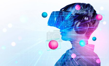 Téléchargez les photos : Businesswoman portrait profile silhouette in vr glasses, working in metaverse with data spheres and blocks, abstract neon matrix lines. Concept of immersive virtual reality - en image libre de droit