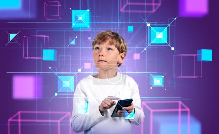 Foto de Child boy finger touch phone, look up at metaverse digital hud hologram with geometric figures and abstract lines on purple background. Concept of virtual reality - Imagen libre de derechos