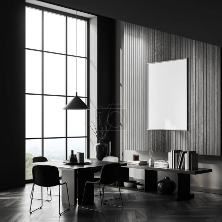 Téléchargez les photos : Black living room interior with table and chairs on hardwood floor, side view. Meeting corner with shelf and panoramic window. Mock up canvas poster. 3D rendering - en image libre de droit