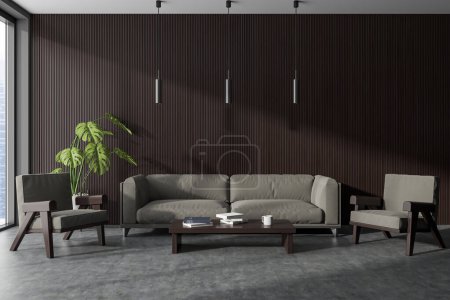 Photo for Front view on dark living room interior with armchairs, sofa, panoramic window, book, wooden wall, coffee table, concrete floor. Concept of minimalist design. Place for meeting. 3d rendering - Royalty Free Image