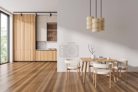 Téléchargez les photos : Modern kitchen interior with dining table and seats on hardwood floor. Cooking area with shelves behind partition, panoramic window on tropics. 3D rendering - en image libre de droit