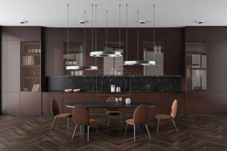 Photo for Front view on dark luxury kitchen and dining room interior with dining table, armchairs, brown wall, oak wooden hardwood floor, cupboard. Concept of minimalist design. 3d rendering - Royalty Free Image