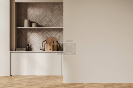 Foto de Modern kitchen interior with sink, stove and modern kitchenware with decor. Cooking zone with beige shelves. Mockup copy space wall. 3D rendering - Imagen libre de derechos