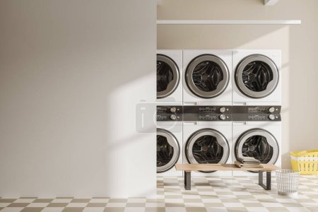 Photo for Beige laundry interior with row of white washing machines, bench with basket on chess tile floor. Partition and mock up copy space wall. 3D rendering - Royalty Free Image