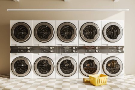 Téléchargez les photos : Beige laundry interior with row of white washing machines and basket, chess tile floor. Stylish new public laundromat. 3D rendering - en image libre de droit
