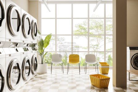 Téléchargez les photos : Stylish laundry interior with white washing machines in row, waiting area with chairs on chess tile floor. Panoramic window on tropics. 3D rendering - en image libre de droit